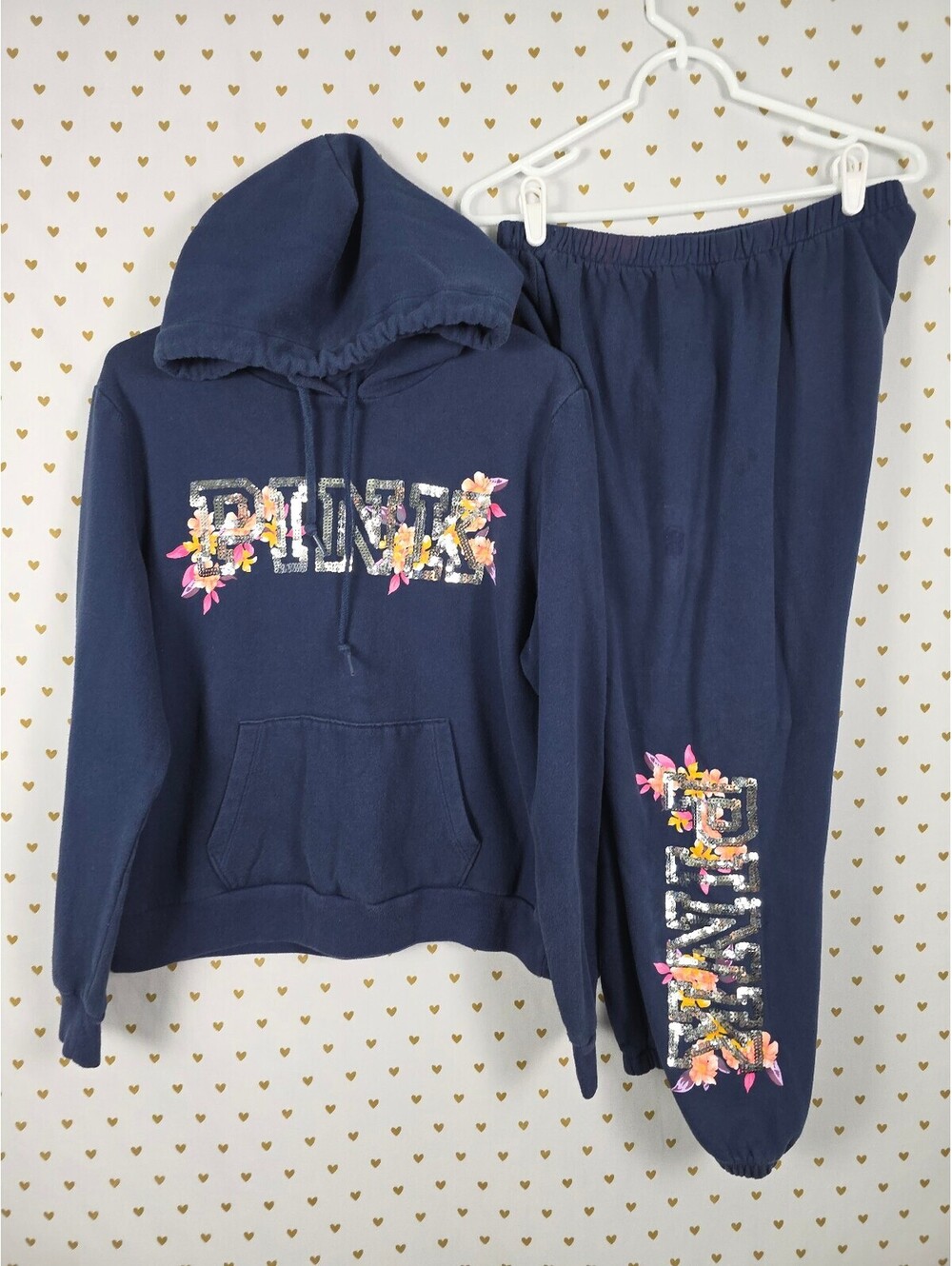 Victorias Secret Pink BLING Sequined Floral Sweater SET Hoodie Sweats MED L - Picture 1 of 5